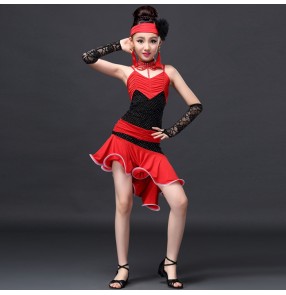 Red black fuchsia royal blue turquoise coral patchwork girls kids children gymnastics competition professional performance latin dance dresses